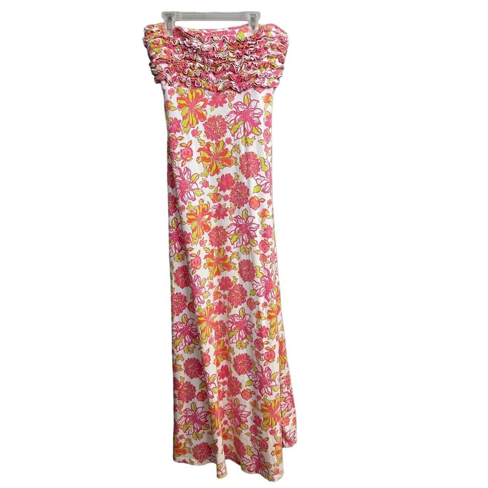 Lilly Pulitzer Franco Pink Green White Floral Strapless Maxi Ruffled Dress Size